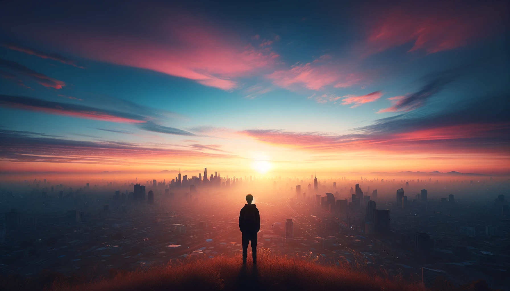 person watching sun rise over futuristic city